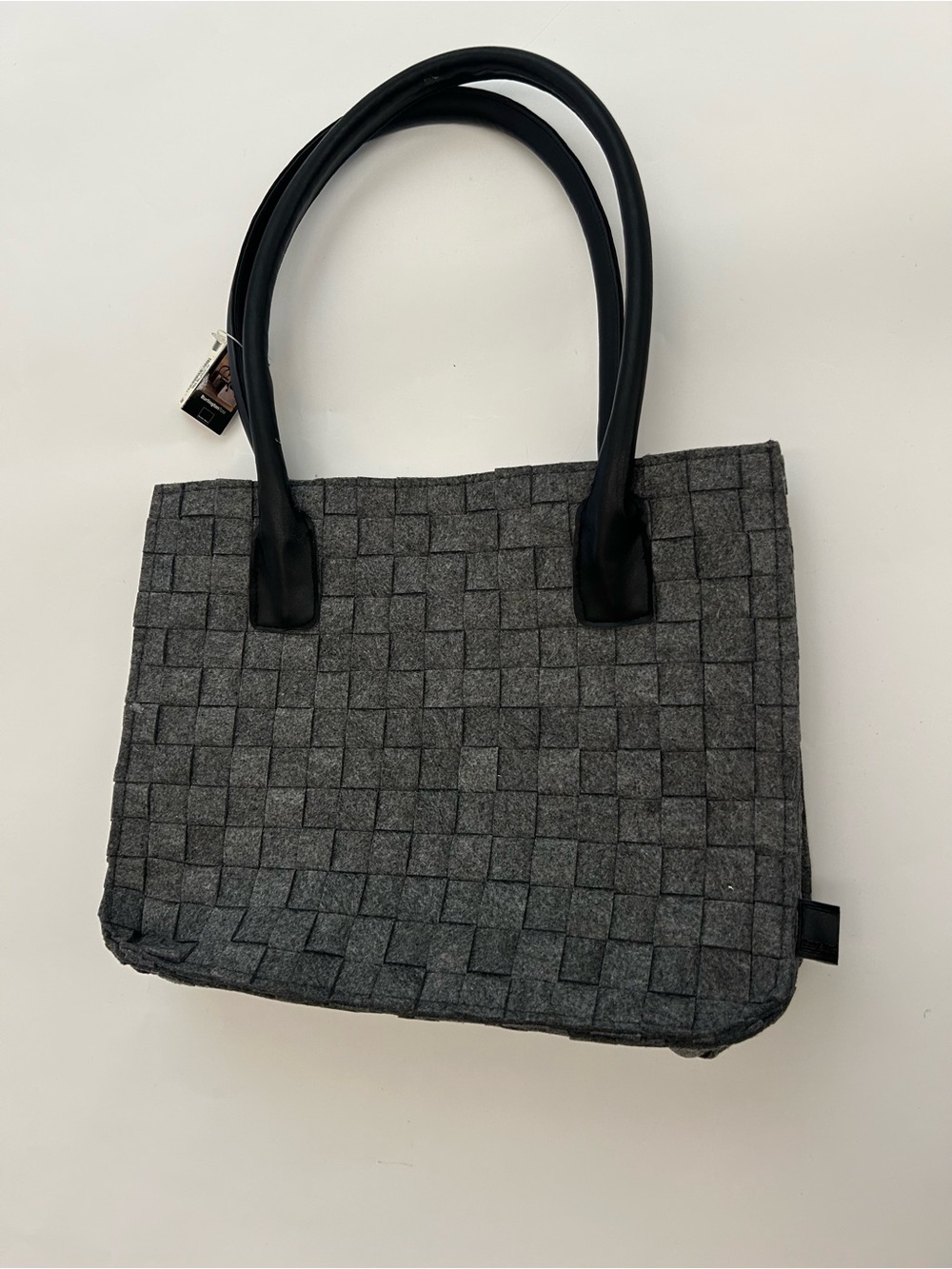 NWT Woven Grey Felt Tote Bag with Black leather Handles